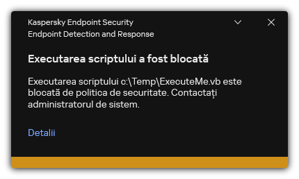 Notificare despre executarea scriptului blocat. Utilizatorul poate vizualiza informații detaliate despre regulă.