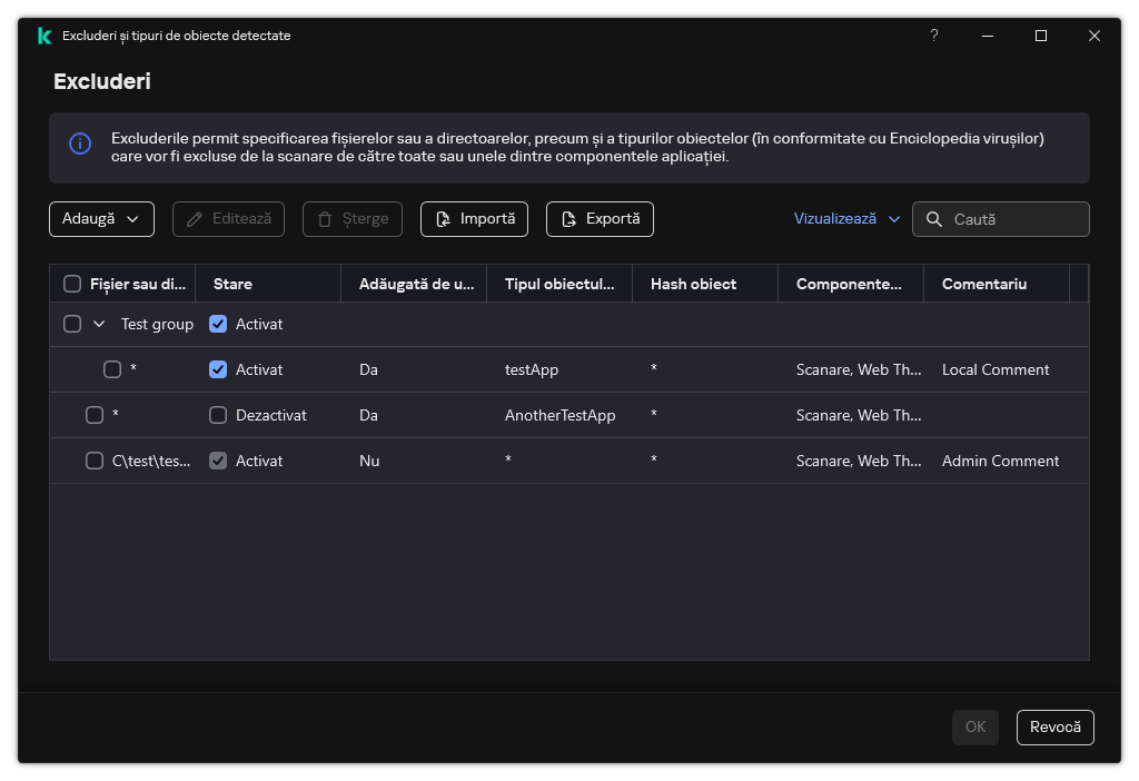 O fereastră cu lista de excluderi. Sunt afișate proprietățile excluderii. Utilizatorul poate adăuga, edita sau șterge excluderi.