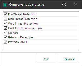 O fereastră cu lista componentelor aplicației. Excluderea se aplică numai pentru funcționarea componentelor selectate.
