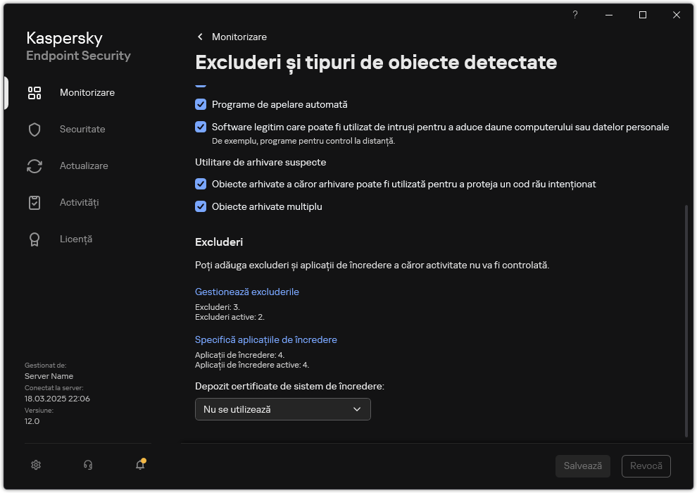 Fereastra cu setările excluderilor. Utilizatorul poate adăuga excluderi și aplicații de încredere.