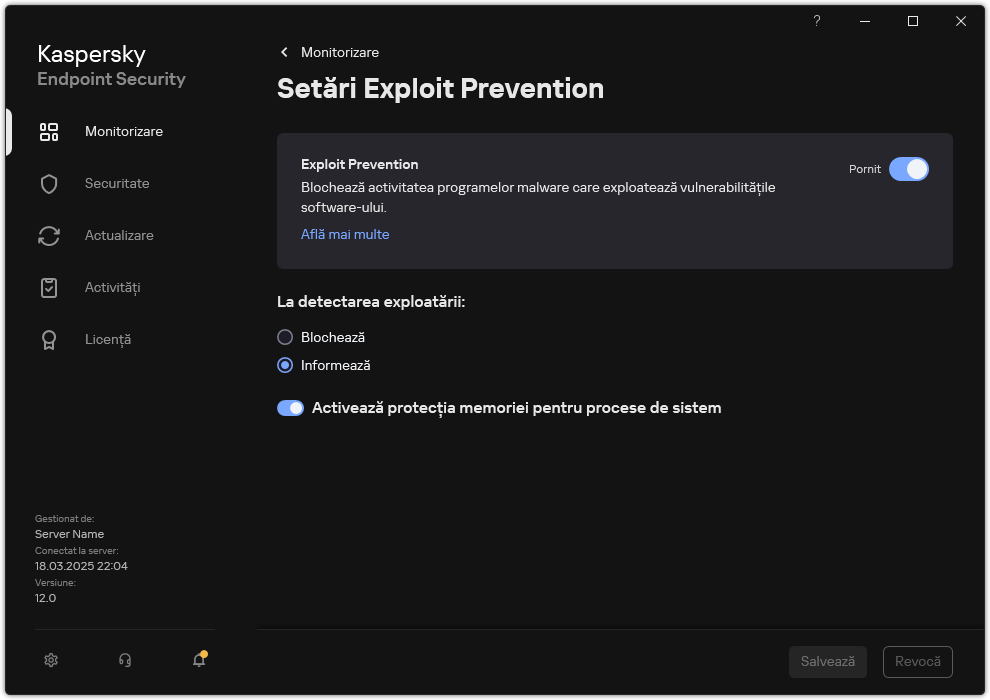 Fereastra de setări Exploit Prevention