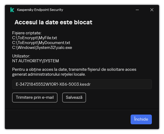 O fereastră cu un fișier de solicitare pentru accesarea datelor criptate. Utilizatorul poate salva fișierul generat pe disc sau îl poate trimite prin e-mail.