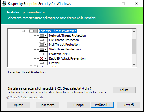 Fereastra de instalare cu o listă de componente pe care un utilizator le poate selecta.