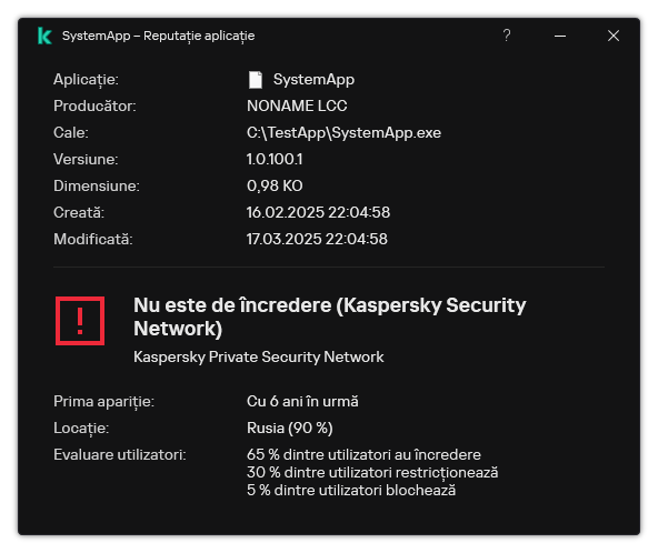 Fereastra conține informații despre reputația fișierului și alte date, cum ar fi prezența unei semnături digitale.
