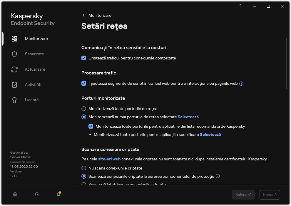 Fereastra Setări de rețea pentru aplicație.