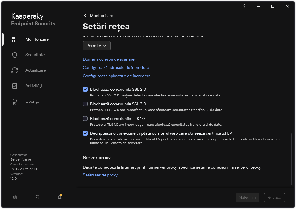Fereastra Setări de rețea pentru aplicație.