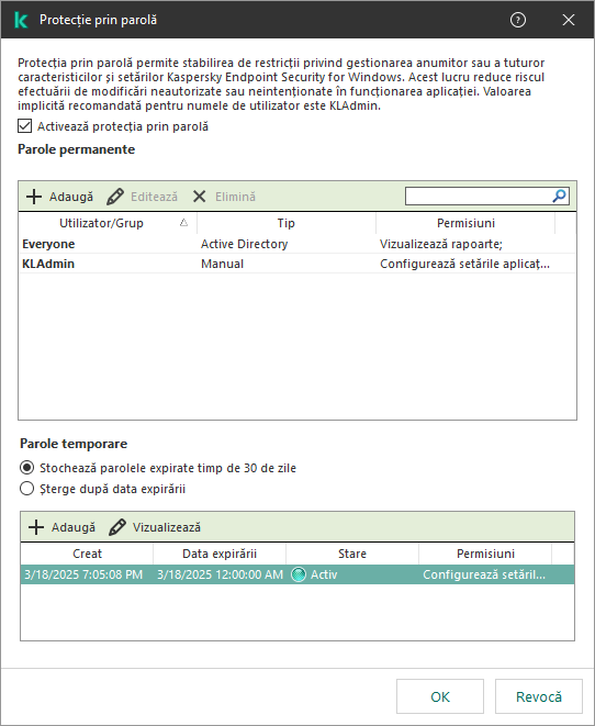 Fereastra de gestionare a parolelor temporare.