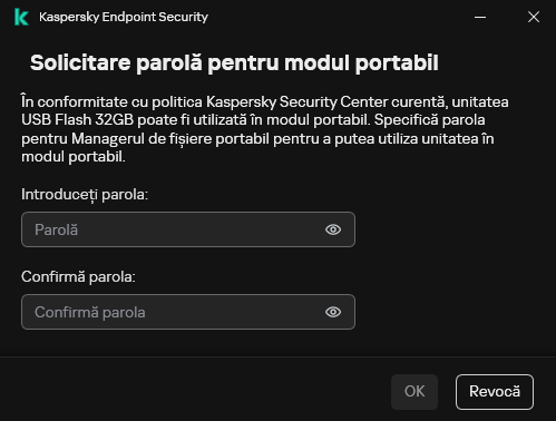 Fereastra conține câmpuri pentru introducerea și confirmarea parolei.