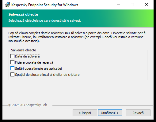 Fereastra de instalare cu o listă de obiecte care pot fi salvate după eliminarea aplicației.