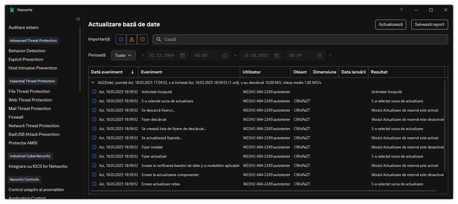 O fereastră cu lista de evenimente din raport. Utilizatorul poate filtra/sorta evenimente și poate salva rapoarte într-un fișier.