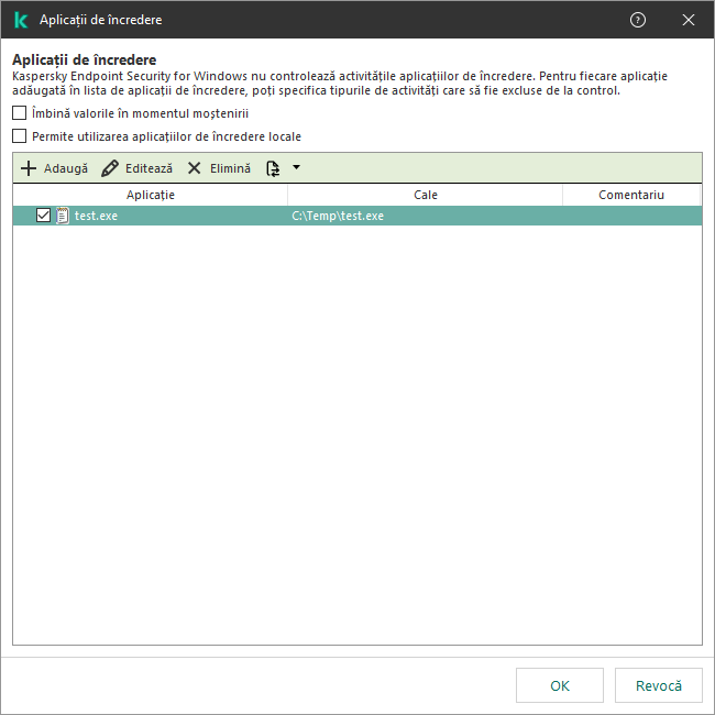 O fereastră cu lista aplicațiilor de încredere. Utilizatorul poate adăuga, edita sau elimina o aplicație de încredere.
