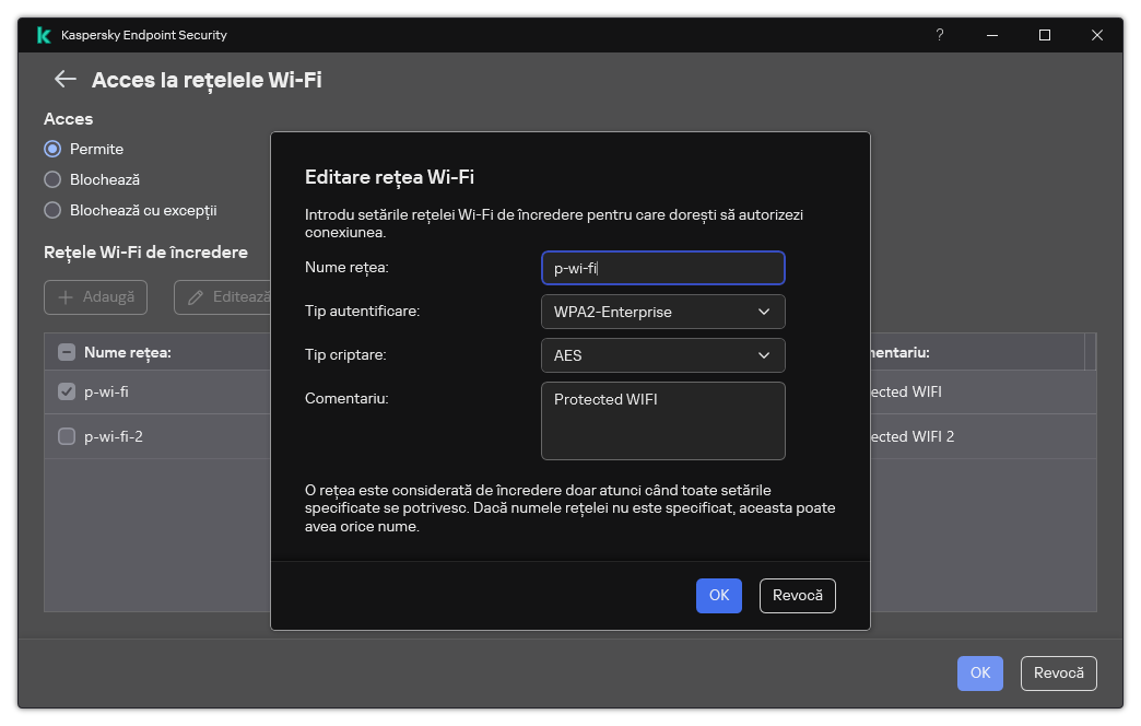 Fereastra conține setările rețelei Wi-Fi de încredere.