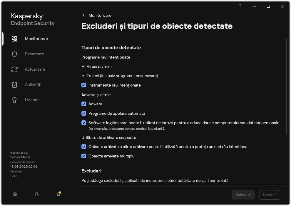 Fereastra cu setările excluderilor. Utilizatorul poate selecta tipuri de obiecte detectate și poate adăuga obiecte la excluderi.
