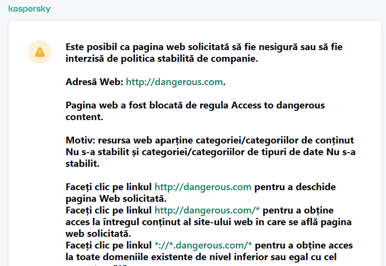 Notificare Kaspersky despre vizitarea unei pagini web nesigure în fereastra browserului. Utilizatorul poate crea o solicitare de accesare a resursei web.