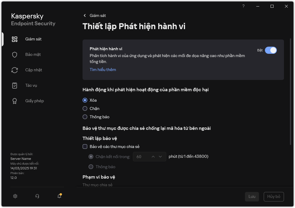 Cửa sổ thiết lập Phát hiện hành vi.
