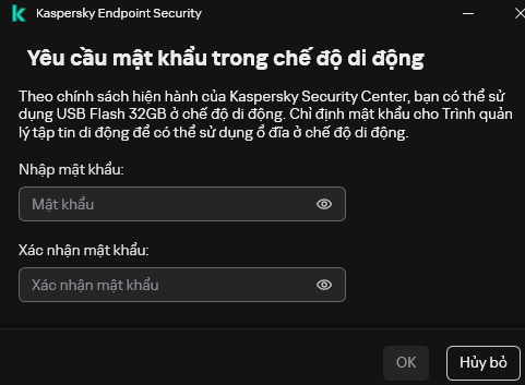 Cửa sổ chứa các trường để nhập và xác nhận mật khẩu.