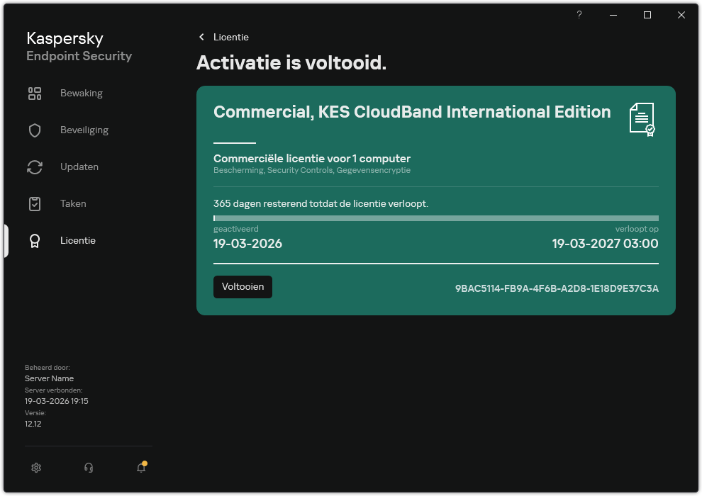Het venster bevat informatie over de licentie: vervaldatum, beschikbare functies en andere informatie.