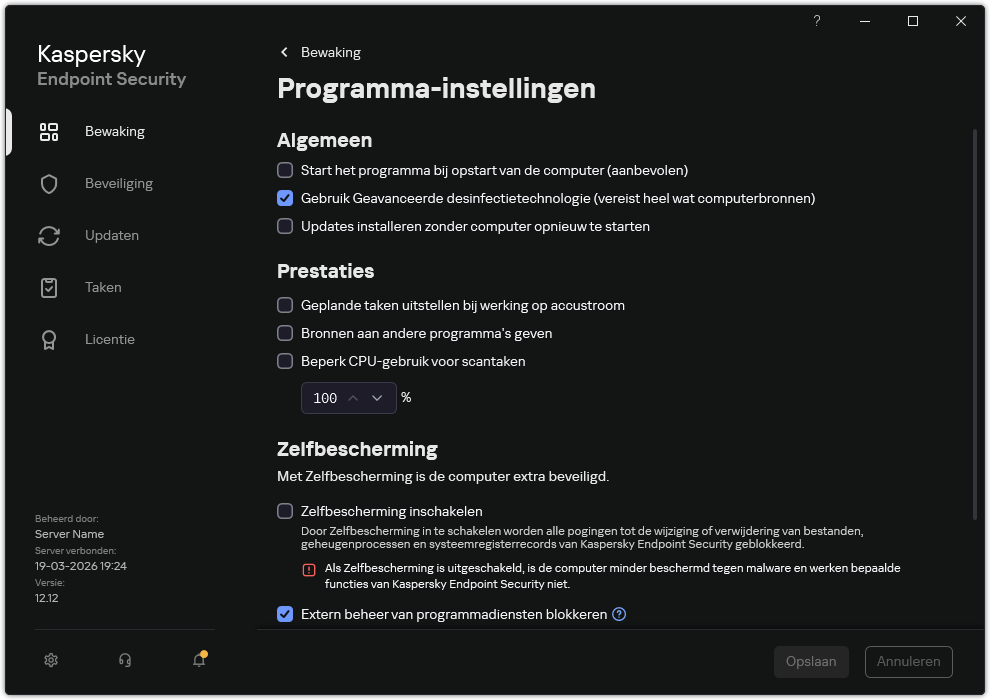 Venster programma-instellingen. De gebruiker kan prestaties, zelfverdediging en andere instellingen configureren.