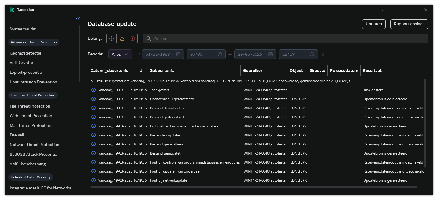 Een venster met de lijst van evenementen in het rapport. De gebruiker kan gebeurtenissen filteren/sorteren en rapporten opslaan in een bestand.