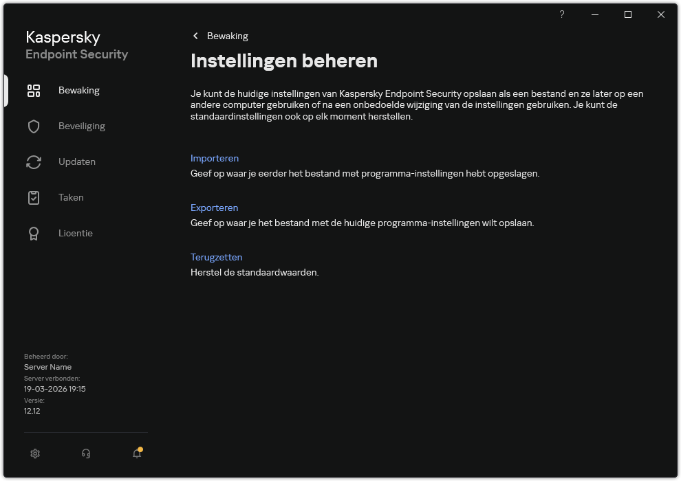 Venster instellingen voor uitzonderingen. De gebruiker kan programma-instellingen exporteren, importeren of herstellen.