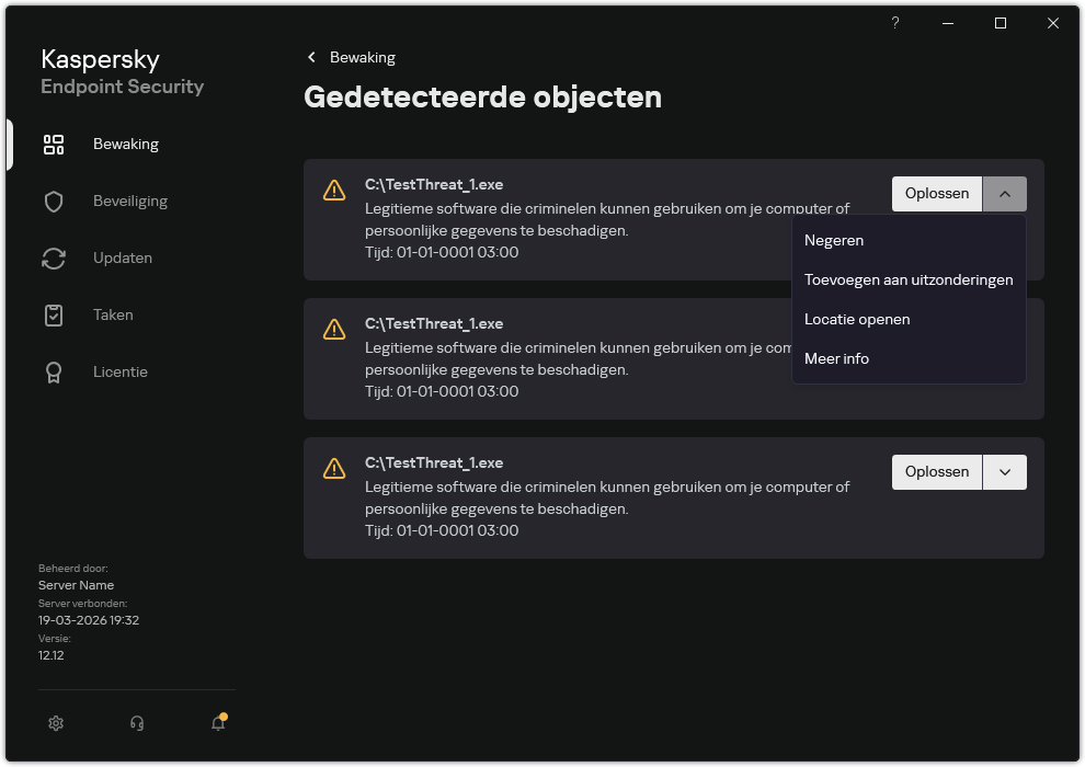 Een venster met de lijst met gedetecteerde objecten. Er wordt informatie over het object weergegeven. De gebruiker kan het object oplossen of verwijderen.