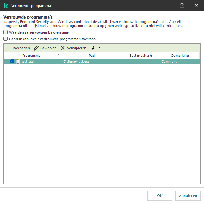 Een venster met de lijst met vertrouwde programma's. De gebruiker kan een vertrouwd programma toevoegen, bewerken of verwijderen.