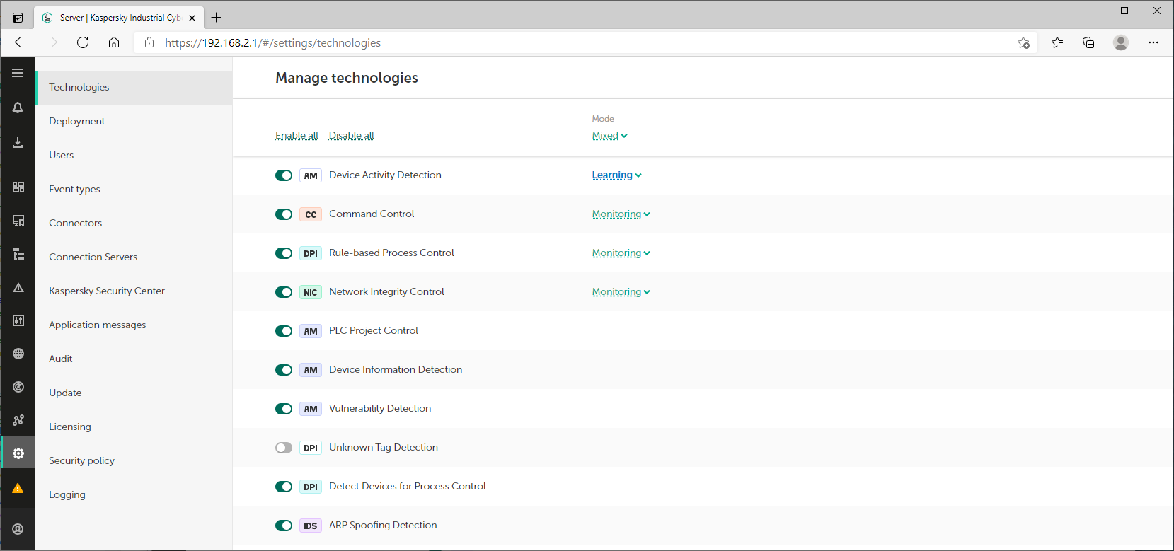 Settings section