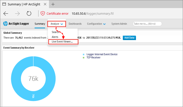 Opening Live Event Viewer in ArcSight