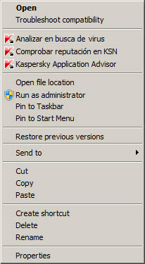 Menú contextual de un objeto en Microsoft Windows