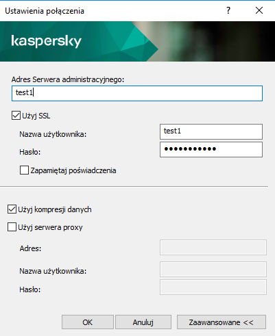 W oknie Ustawienia połączenia pola Adres Serwera administracyjnego, Nazwa użytkownika i Hasło są wypełnione. Pola wyboru Użyj protokołu SSL i Użyj kompresji danych są zaznaczone.