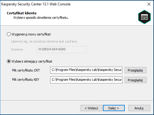 Na stronie Certyfikat klienta zaznaczona jest opcja Wybierz istniejący certyfikat, podane są ścieżki do pliku certyfikatu CRT i pliku certyfikatu KLUCZA.