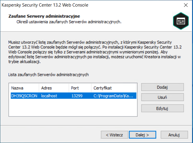 Instalator Web Console: Serwery administracyjne