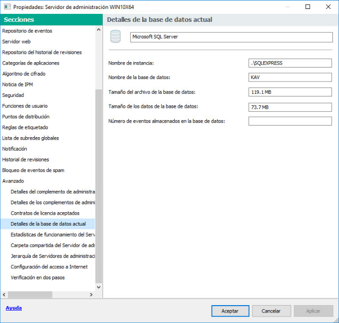 La sección “Detalles de la base de datos actual” contiene la siguiente información: el nombre de la instancia, el nombre de la base de datos, el tamaño del archivo que contiene la base de datos, el tamaño de los datos almacenados en la base de datos y la cantidad de eventos almacenados en la base de datos.