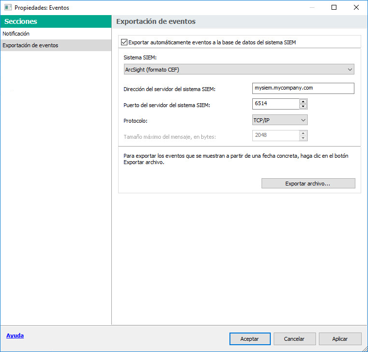 En la sección “Exportación de eventos”, la casilla “Exportar eventos a la base de datos del sistema SIEM automáticamente” está marcada, la propiedad “Sistema SIEM” tiene el valor “ArcSight (formato CEF)”, la dirección y el puerto del servidor del sistema SIEM están definidos y la propiedad “Protocolo” tiene el valor “TCP/IP”.