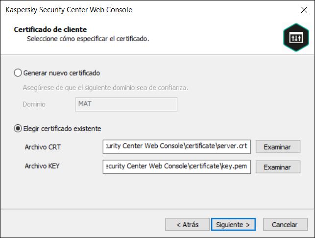 En la página “Certificado de cliente”, la opción “Elegir certificado existente” está seleccionada y se han especificado las rutas al archivo de certificado CRT y al archivo de certificado KEY.