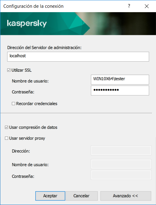 En la ventana "Configuración de la conexión", se han completado los campos "Dirección del Servidor de administración", "Nombre de usuario" y "Contraseña". Las casillas "Utilizar SSL" y "Usar compresión de datos" están marcadas.