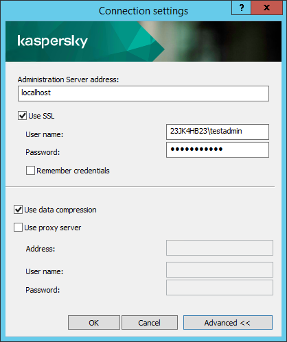 Dans la fenêtre Paramètres de connexion, les champs Adresse du Serveur d'administration, Nom d'utilisateur et Mot de passe sont remplis. Les cases Utiliser SSL et Utiliser la compression des données sont cochées.