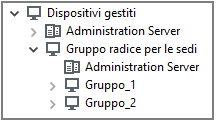 Un nodo Dispositivi gestiti include la cartella Gruppo radice per le sedi con i Server e i gruppi Sede 1 e Sede 2.