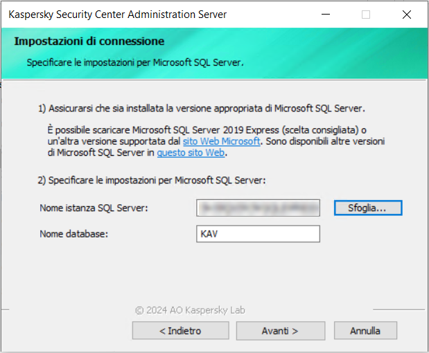 Nella finestra Impostazioni connessione vengono specificate le seguenti impostazioni di SQL Server: il nome dell'istanza e il nome del database.