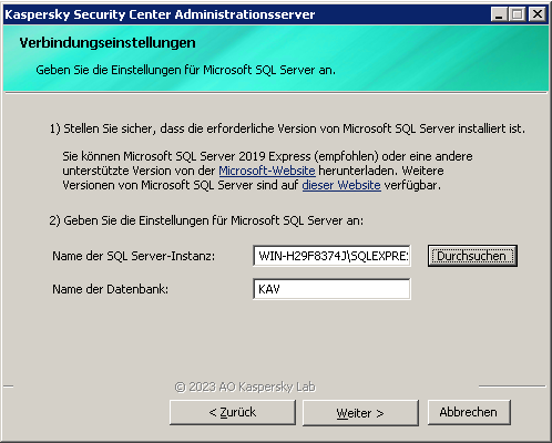 Im Fenster mit den Verbindungseinstellungen werden die Einstellungen für Microsoft SQL Server festgelegt. Der Instanzname von SQL Server und die Felder mit den Datenbanknamen werden ausgefüllt.