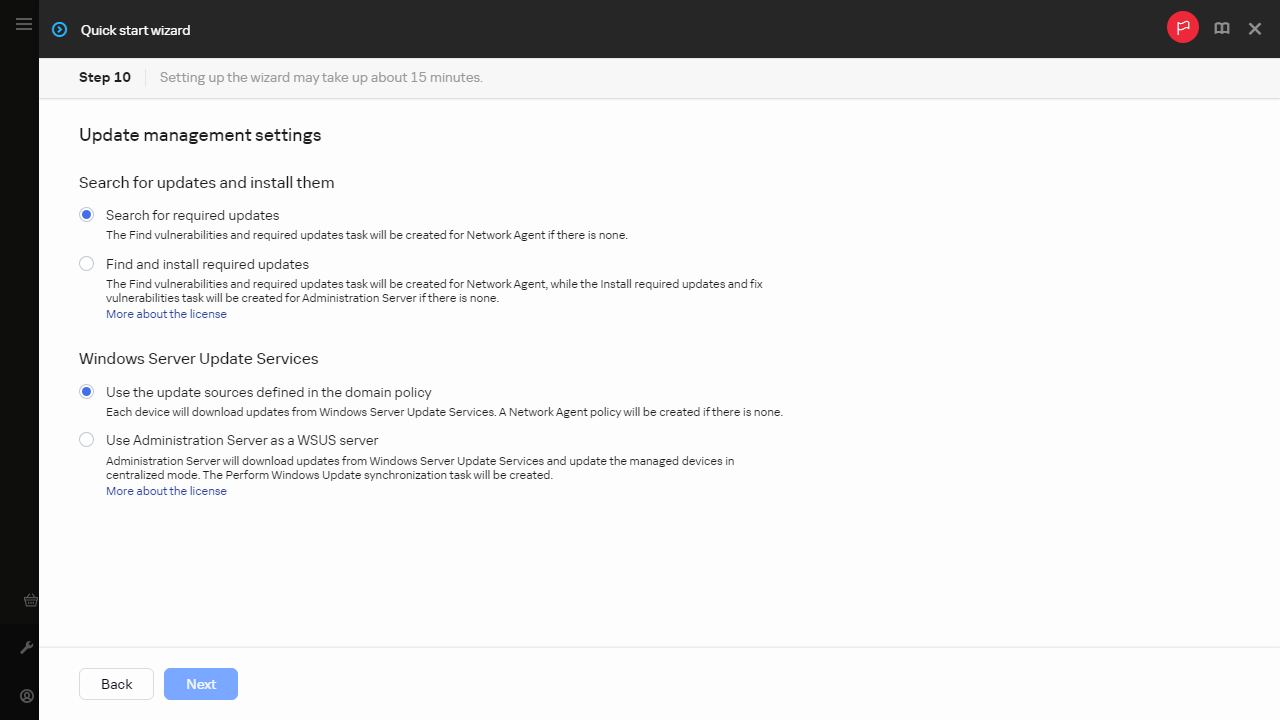 The Update management step of Quick start wizard.