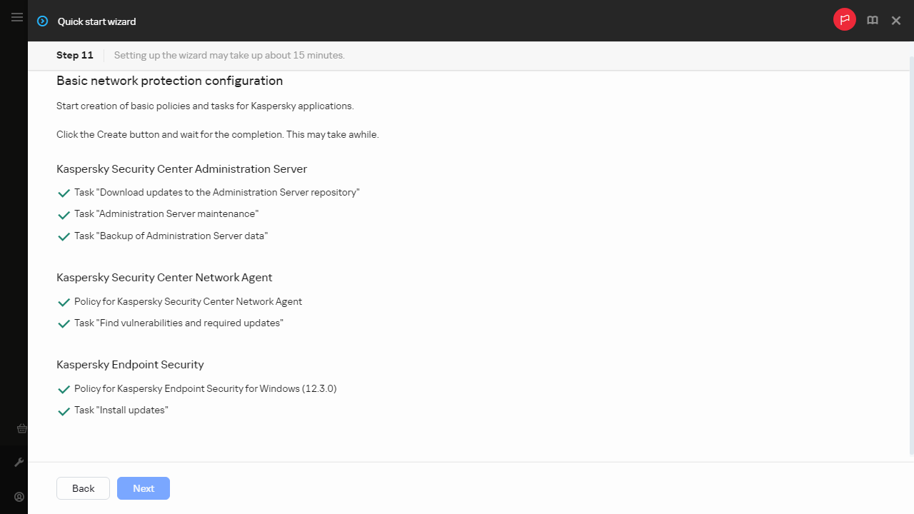 The Creating tasks and policies step of Quick start wizard.
