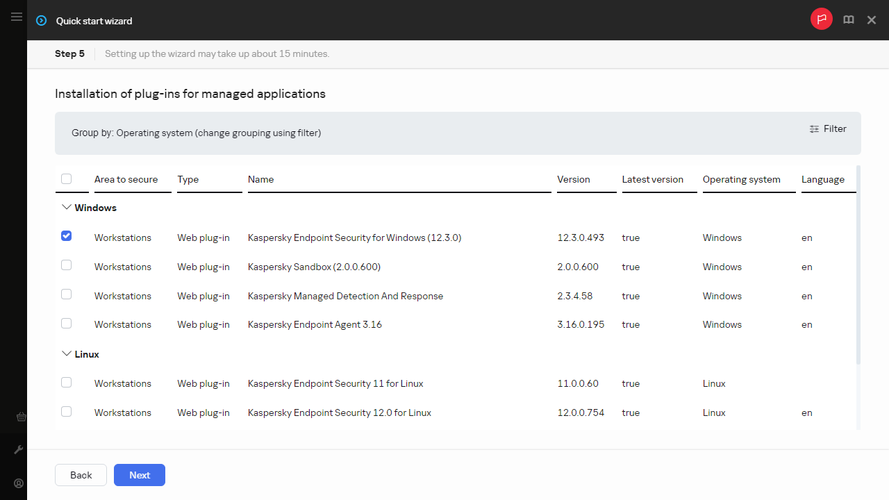 The Installation of plug-ins step of Quick start wizard.