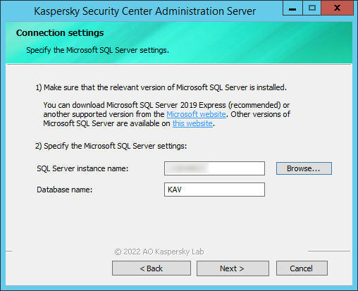 In the Connection settings window, the Microsoft SQL Server settings are specified. The SQL Server instance name and the Database name fields are filled in.