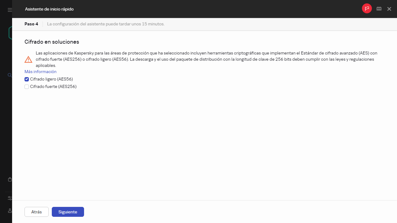 El paso de cifrado en soluciones del Asistente de inicio rápido.