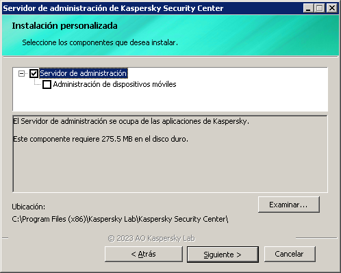 En la ventana de instalación personalizada, el componente "Servidor de administración" está seleccionado en la lista de componentes que se instalarán. Además, se ha definido la carpeta de instalación.