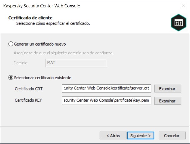 En la página Certificado de cliente, se selecciona la opción Seleccionar certificado existente y se especifican las rutas al archivo de certificado CRT y al archivo de certificado KEY.