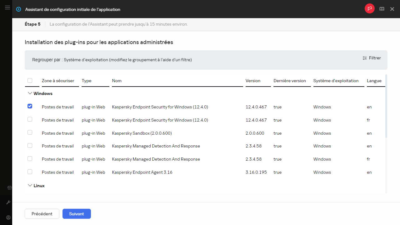 L'étape Installation des plug-ins de l'Assistant de configuration initiale de l'application.