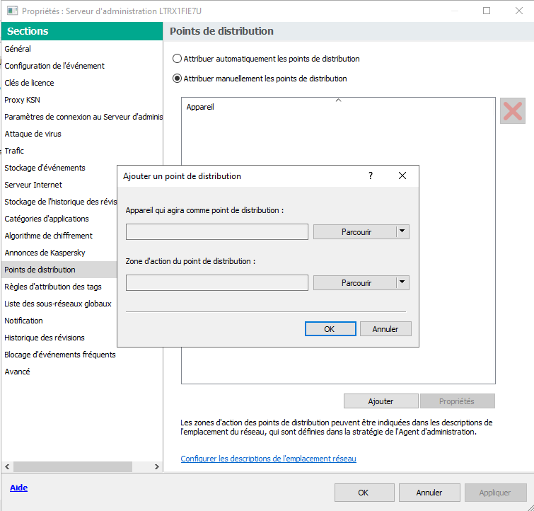La fenêtre des propriétés du Serveur d'Administration avec la section Points de distribution sélectionnée et la fenêtre d'ajout de points de distribution.