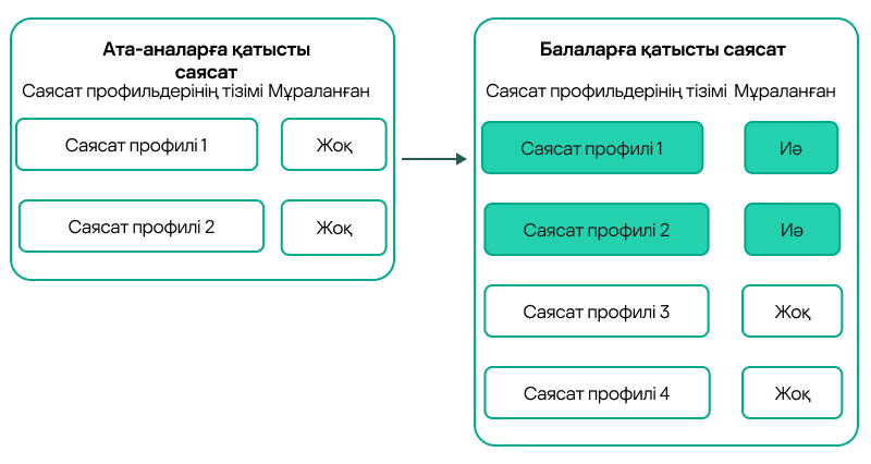 Еншілес саясат тектік саясаттың профильдерін иеленеді. Иеленген тектік саясат профильдері еншілес саясат профильдерінен аса жоғары басымдылыққа ие болады.